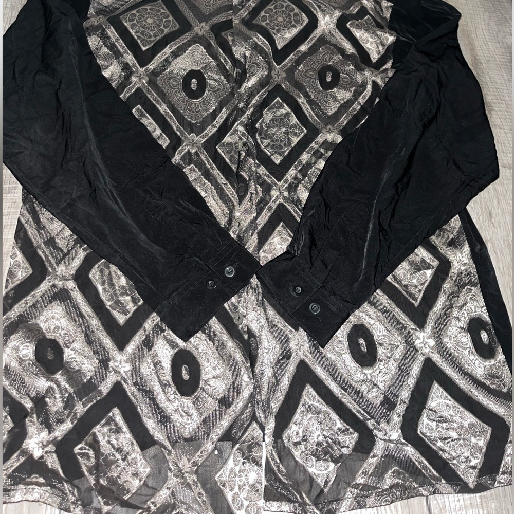 Pronto Black and Gray Geometric Long Sleeve Shirt Button down
